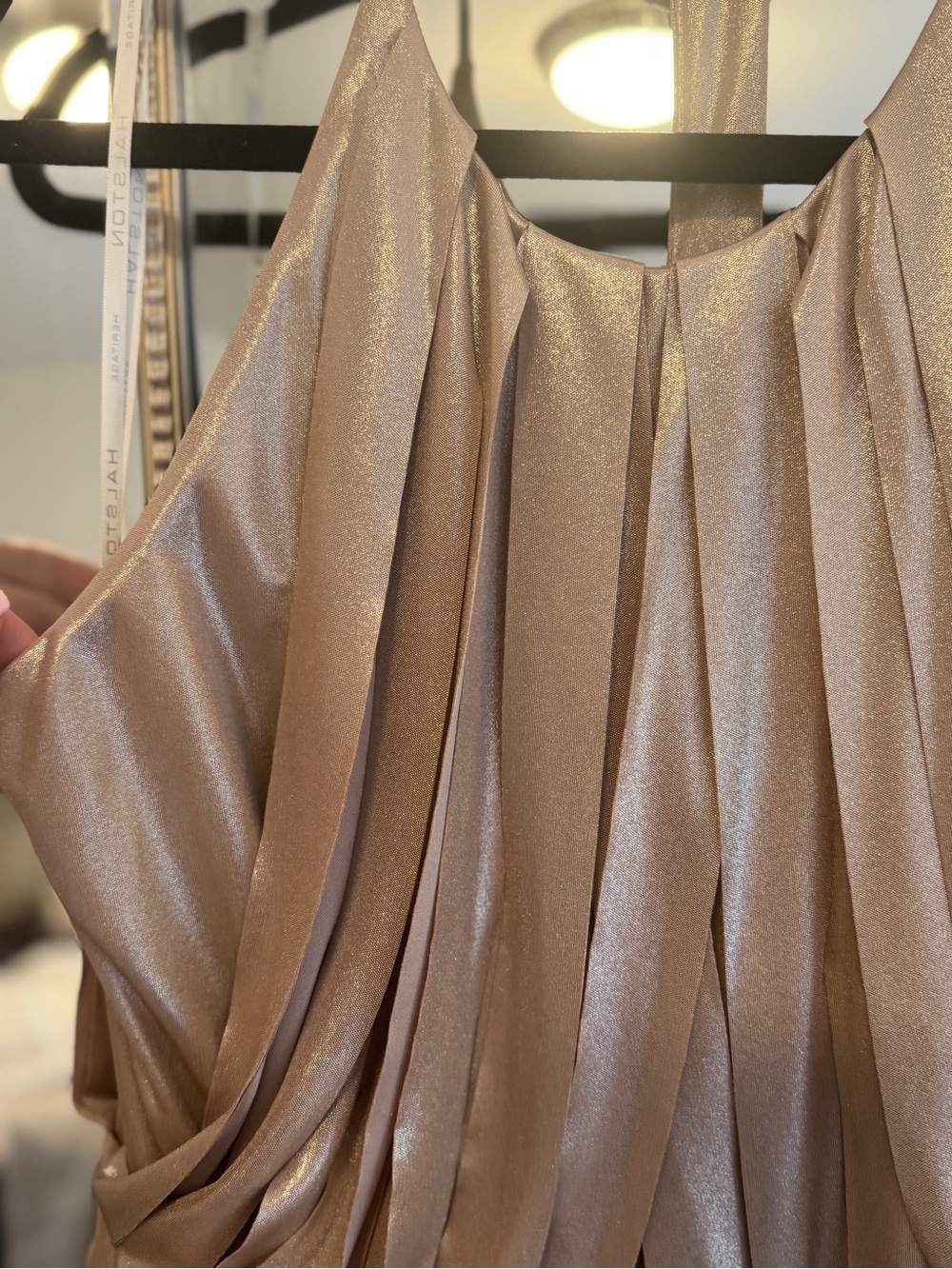 Halston Metallic Gold Champagne Halter Fringe Mini Dress - Picture 4 of 5